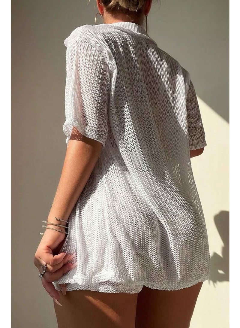 Angelsin Collar Detailed Shirt Look Bottom Top Shorts Set Beach Dress Pareo - Image 2